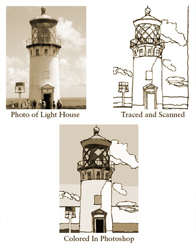 A photo of a lighthouse, traced and scanned, then colored in photoshop as a step-by-step process