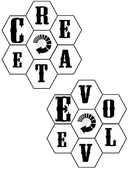 Diagram of two hexagon arrangements spelling out 'Create' and 'Evolve'