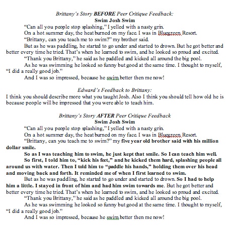 Sample of a student's before and after revision of a story
