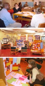 three images of educators seated at a discussion table, a classroom with presentation boards set up on desks, and an educator examining a project