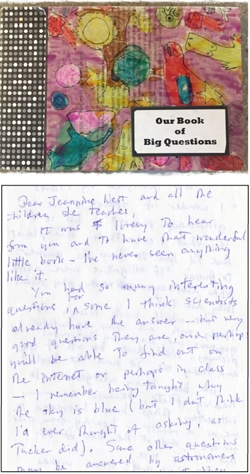 Top image of the cover of the classroom's book, 'Our Book of Big Questions', bottom image of Venetia Phair's handwritten letter