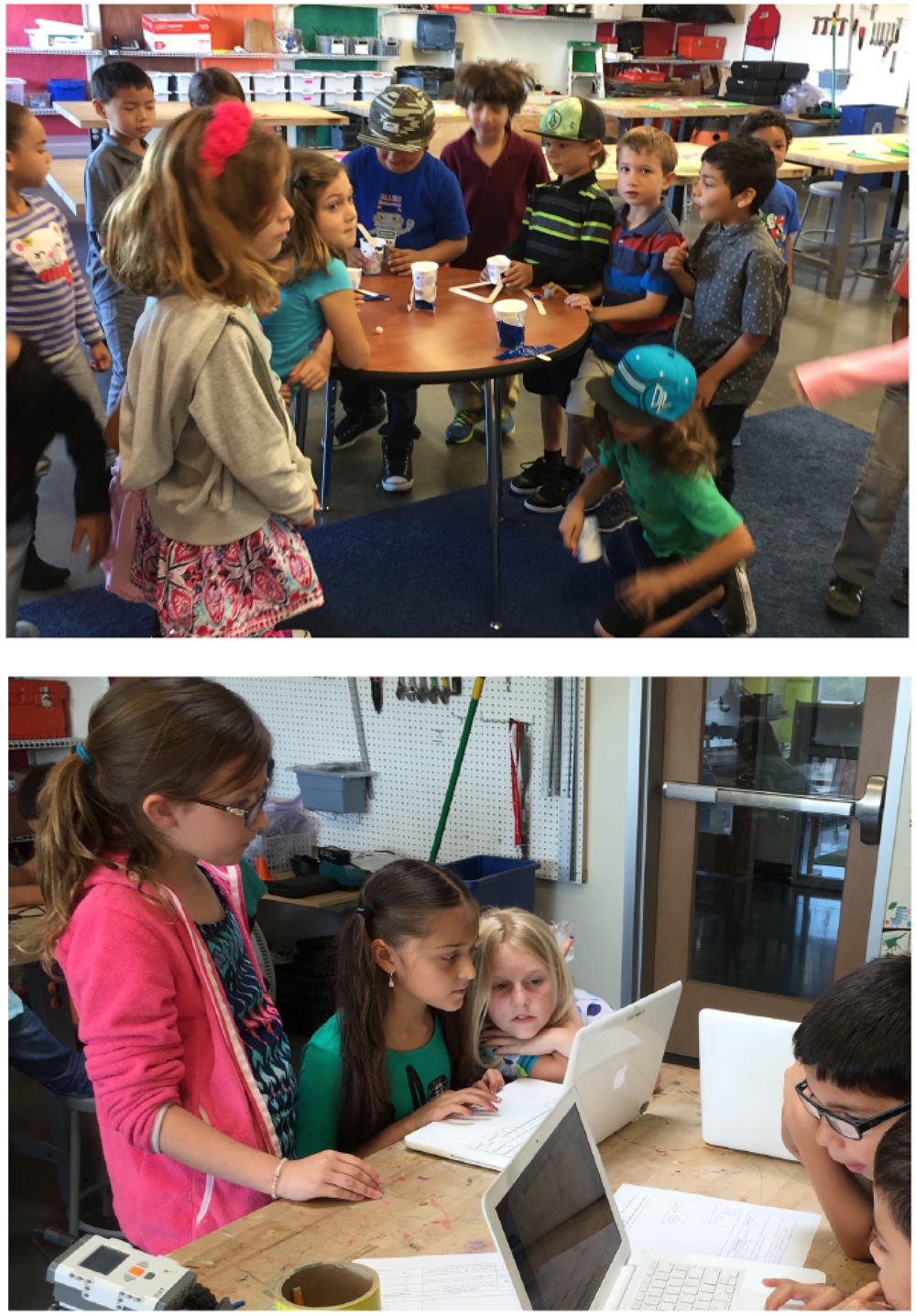 Top image of students gathered around a table with building materials, bottom image of students working together on a laptop