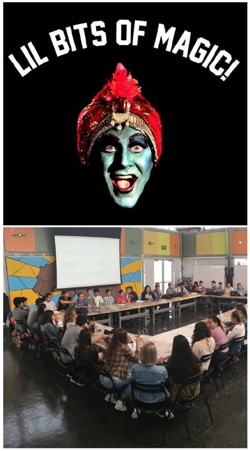 Top image of Jambi's face with the words, 'LIL BITS OF MAGIC!', bottom image of dozens of educators seated at a ring of tables