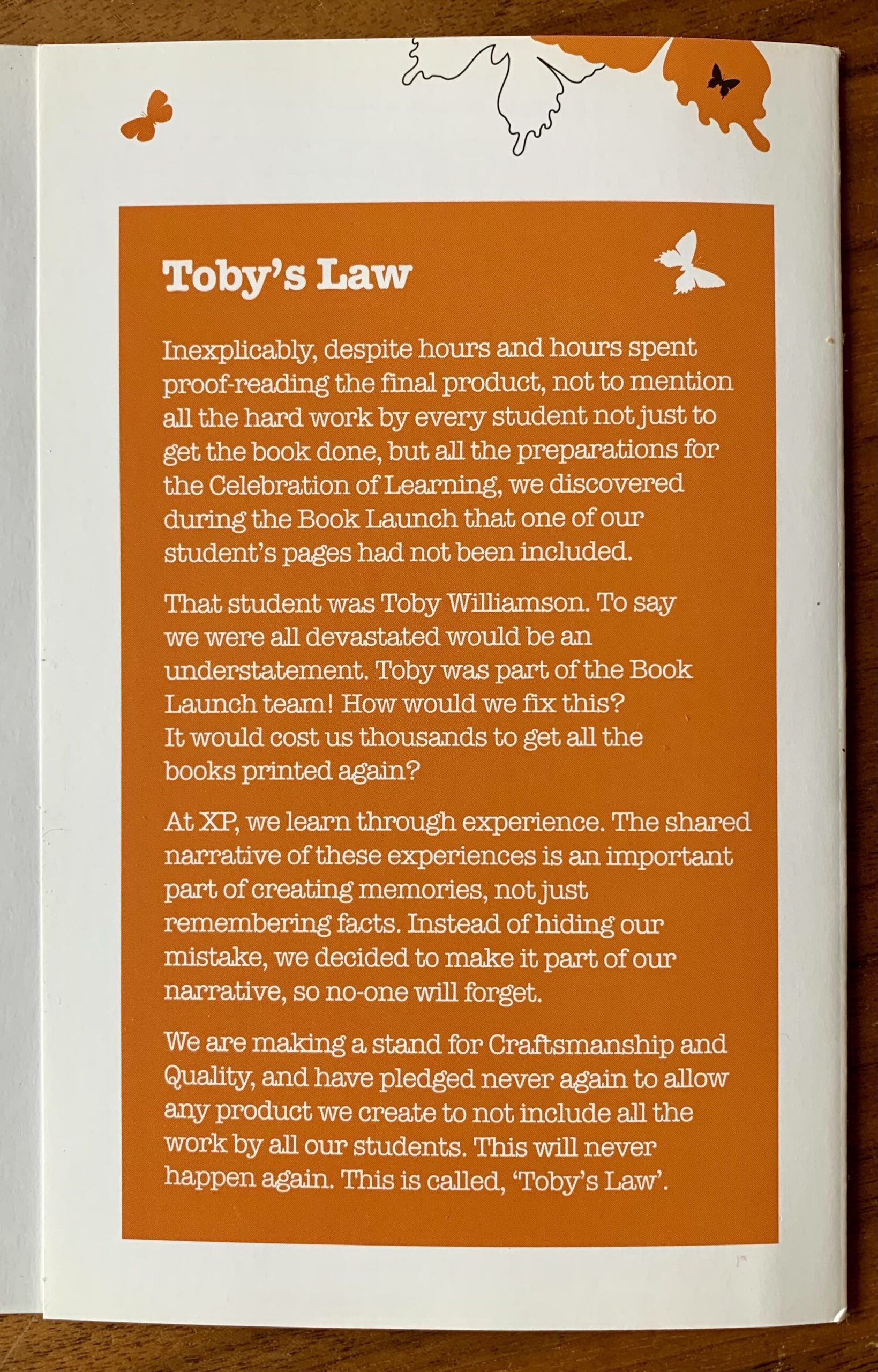 Text of "Toby's Law" on a dust jacket