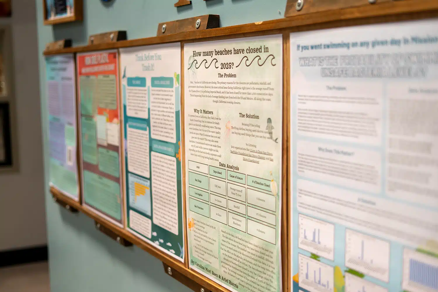 A close-up of several educational posters and infographics mounted on a light blue wall, focusing on topics such as beach closures and environmental data—ideal for classroom decoration or displaying student work in a vibrant, engaging way.