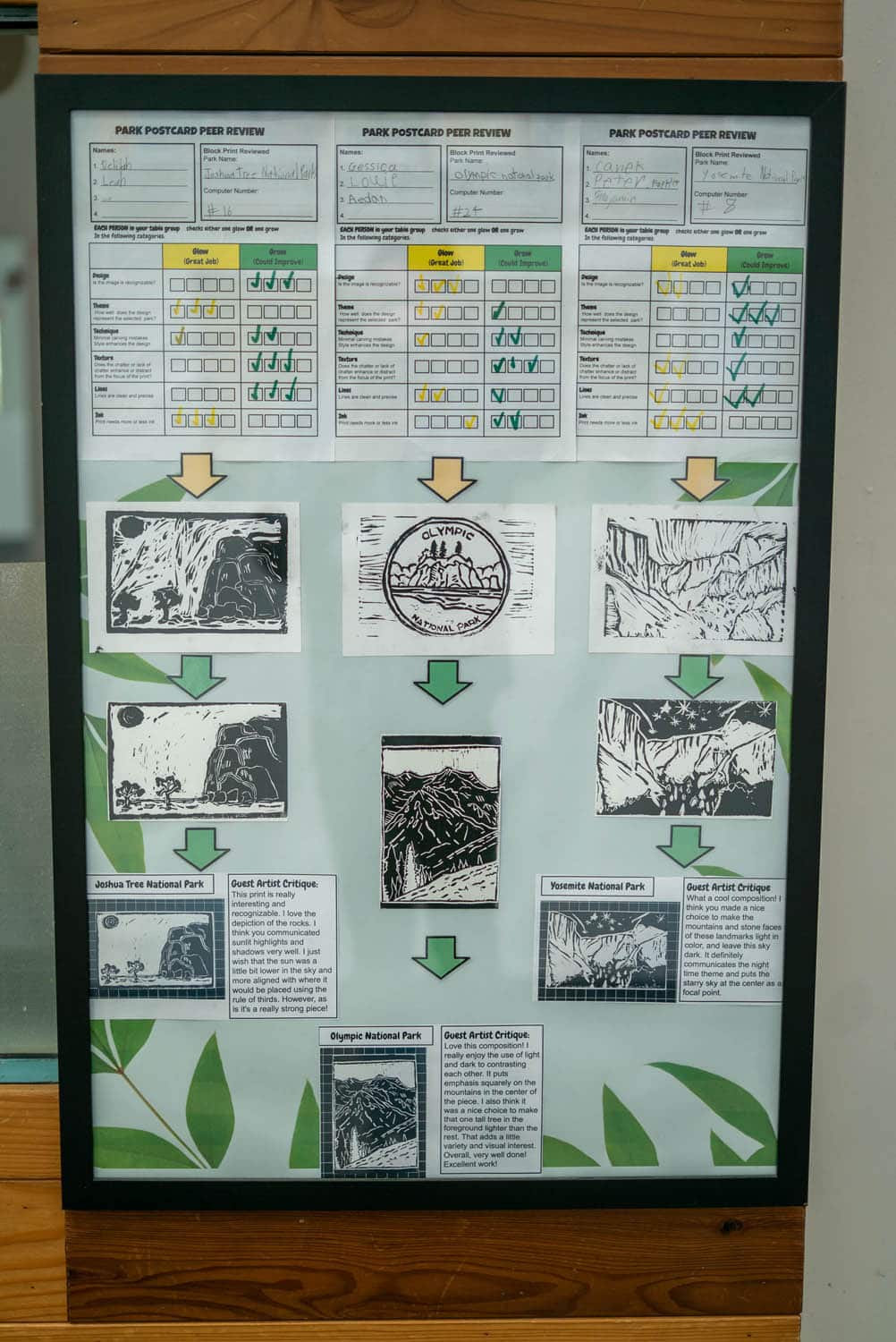 A display board showing curated peer review charts at the top, arrows pointing down to black-and-white illustrated postcards, and descriptions for each, all about different national parks. Green leaf designs decorate the background like a photo essay.