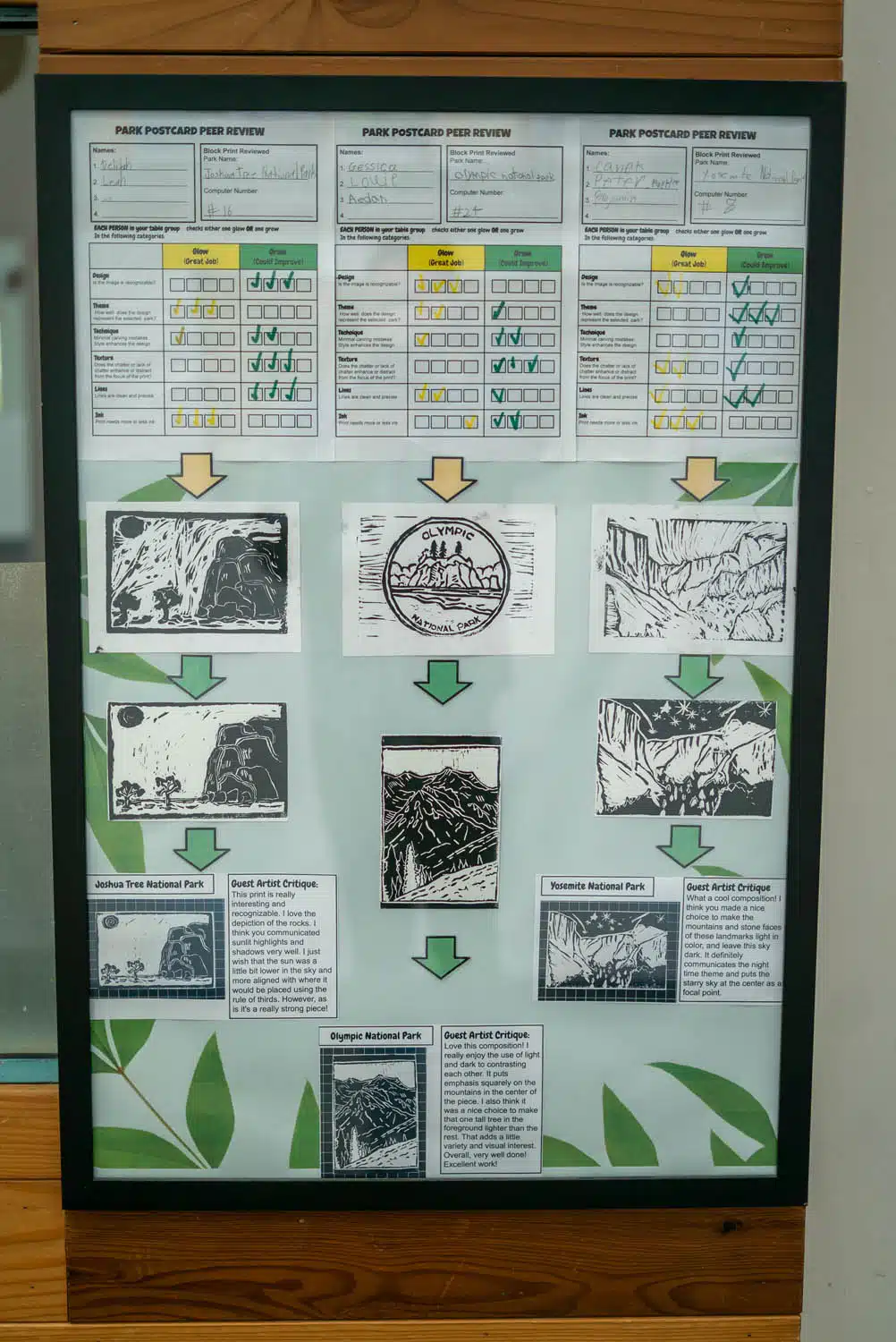A display board showing curated peer review charts at the top, arrows pointing down to black-and-white illustrated postcards, and descriptions for each, all about different national parks. Green leaf designs decorate the background like a photo essay.