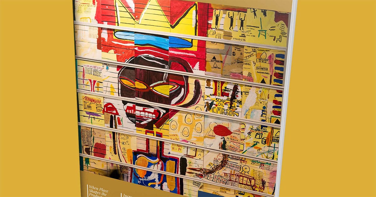 A colorful abstract artwork from Fall 2021, featuring bold lines and vibrant shapes, including a crown motif and various symbols, layered on a gold background.