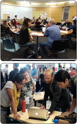 Top image: People sit around tables in a classroom, engaged in discussion. Bottom image: A group of people stand around a table, focused on a laptop screen.
