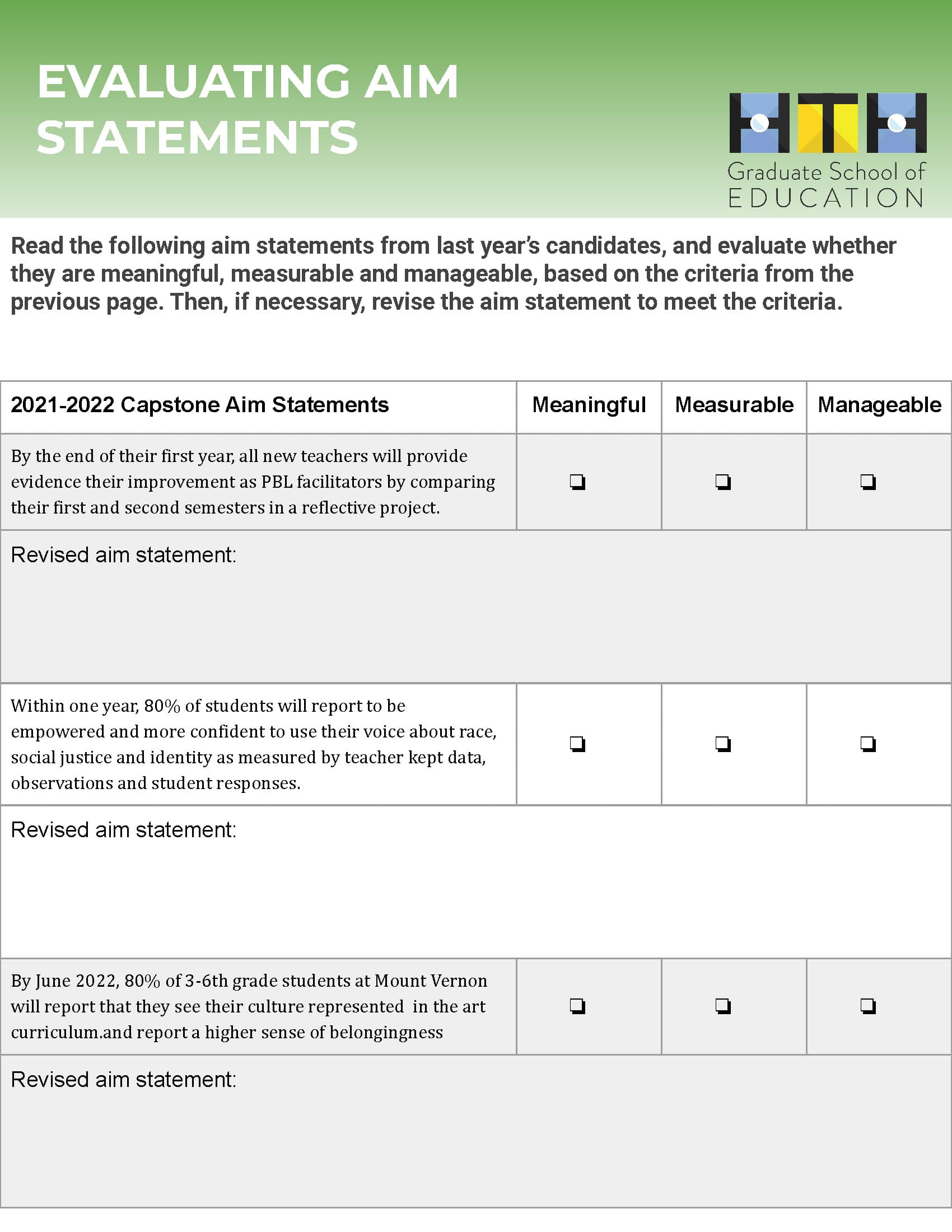 Evaluating Aim Statements Work Book | HTH Unboxed