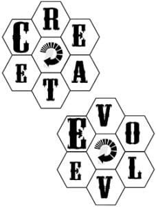 Hexagonal tiles form the words Create and Evolve with arrows pointing from Create to Evolve. Each letter is contained within a hexagon.
