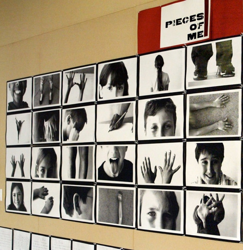 A collage titled Pieces of Me featuring black-and-white photos of children. The images show various close-ups of hands, feet, and faces, with playful expressions and gestures displayed on a wall.