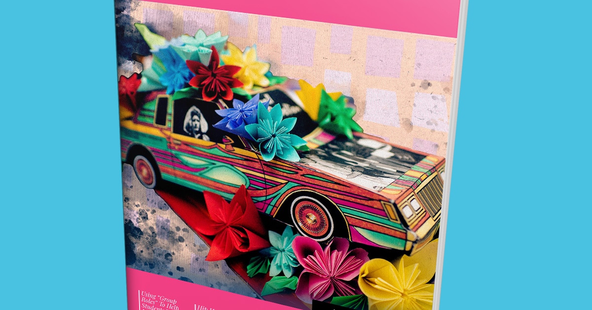 A colorful book cover for Spring 2022 features an illustrated car surrounded by bright origami flowers against a pink and blue background. The vivid scene combines elements of nature and urban life from Issue 22, creating an eye-catching and artistic design.