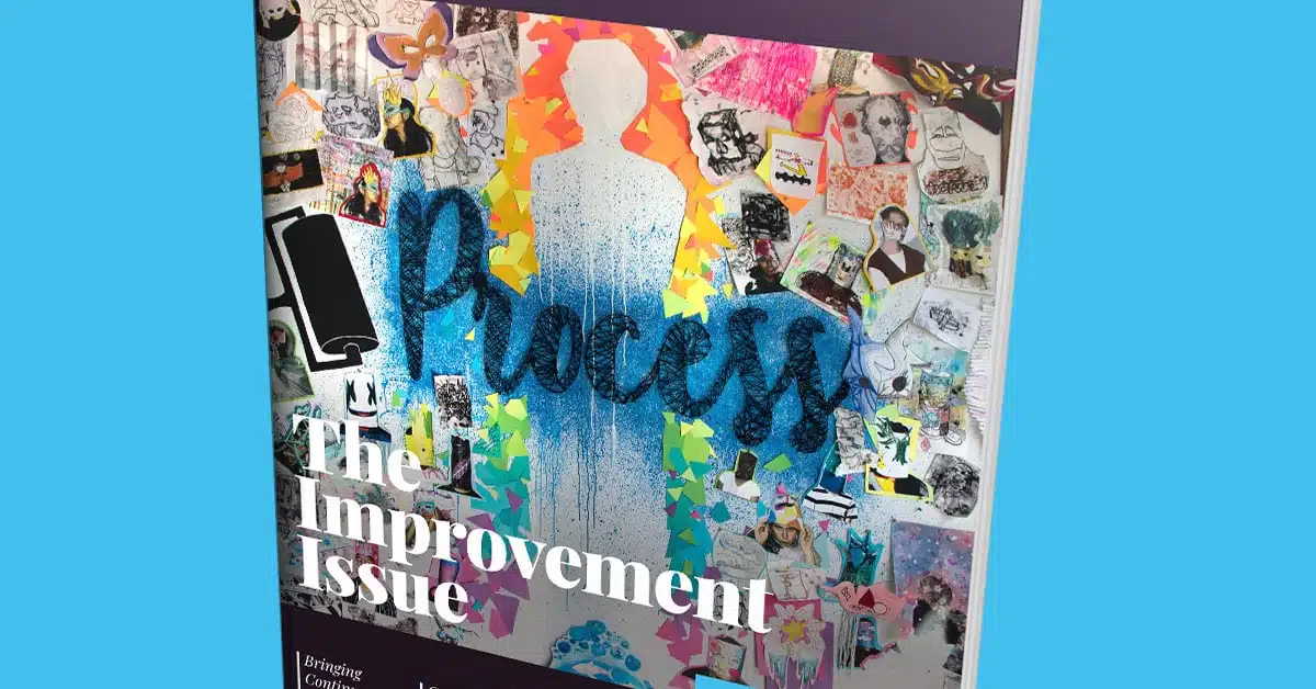 A colorful magazine cover titled Process: The Improvement Issue (Issue 19) features a collage of art and illustrations with a spray-painted human silhouette and vibrant shapes. Various drawings and patterns surround the main image, encapsulating the creative spirit of Fall 2020.