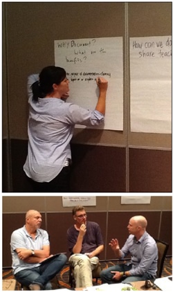 Top panel: A person writes on a large sheet of paper attached to a wall. Bottom panel: Three people are seated, engaged in discussion. The setting appears to be a workshop or meeting room.