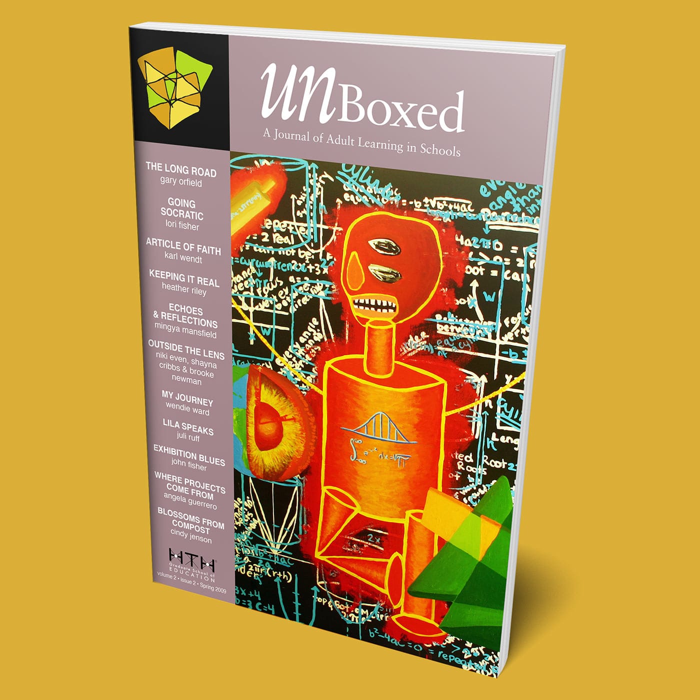 Cover of UNBoxed Spring 2009, Issue 3 journal with a colorful abstract illustration featuring scientific symbols and a humanoid figure. The background is a math chalkboard. The sidebar lists articles on educational topics like Socratic dialogue and project-based learning.