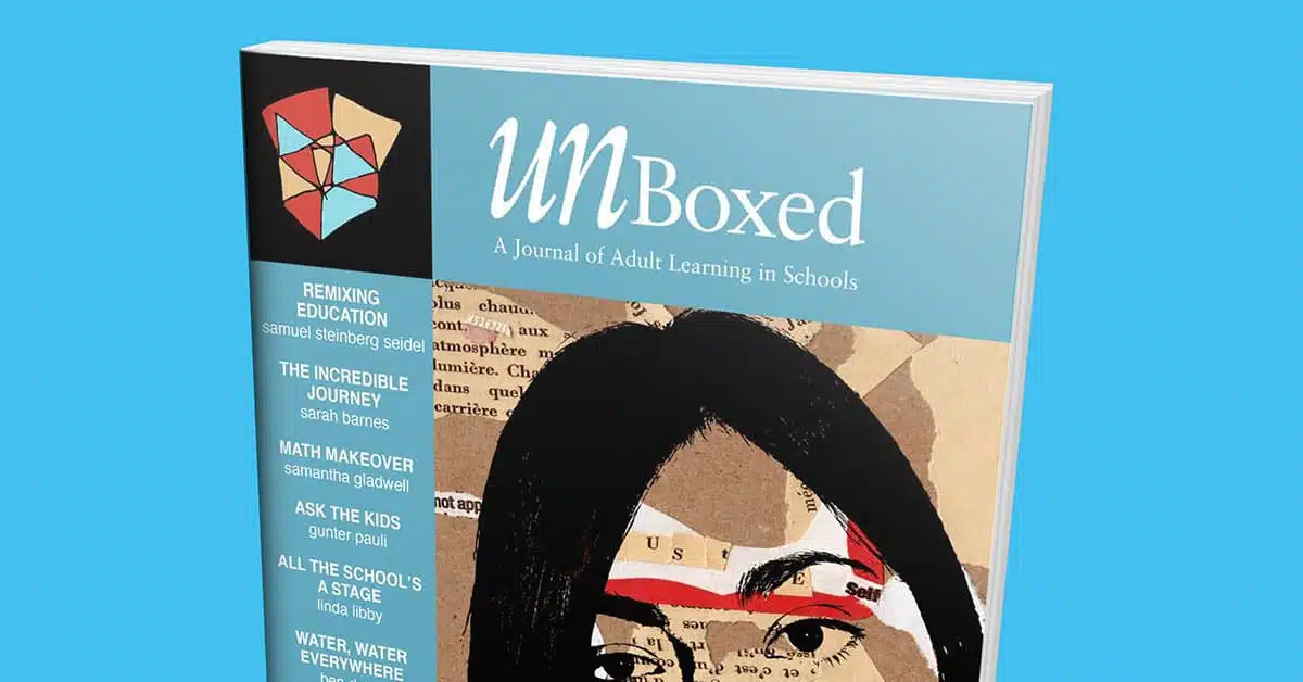 The Fall 2009 cover of UnBoxed: A Journal of Adult Learning in Schools, Issue 4, is set against a blue background and showcases a collage-style illustration of a womans face. It explores themes like education remixing, incredible journeys, and math makeovers.