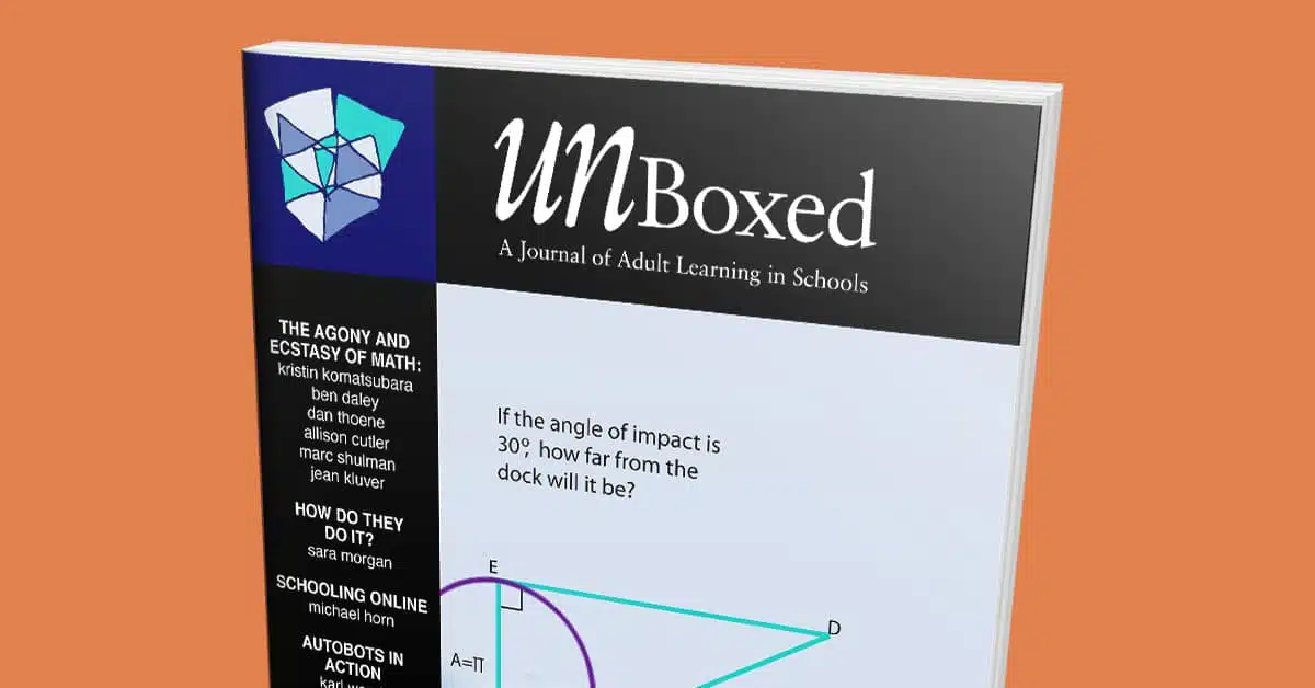 Cover of the Spring 2010 issue of UNBoxed: A Journal of Adult Learning in Schools. It features a geometric diagram and text discussing the angle of impact. Issue 5 includes contributor names and article titles on math, schooling online, and fiction.