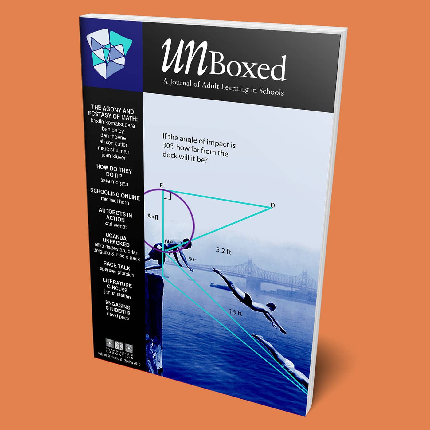 Cover of UNBoxed: A Journal of Adult Learning in Schools from Issue 5, Spring 2010, featuring a math problem involving a diver and angles. The background shows a diver jumping off a dock with detailed measurements.