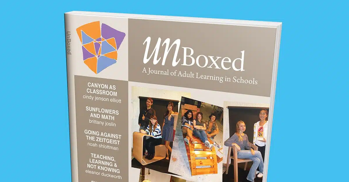 Cover of UnBoxed: A Journal of Adult Learning in Schools, Spring 2011, Issue 7, featuring an image of a group of people sitting and standing around a table. Articles explore topics on classrooms, math, and educational theories.