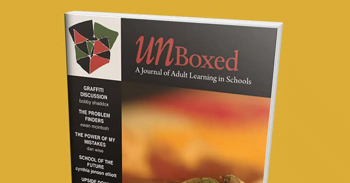 Cover of UNBoxed: A Journal of Adult Learning in Schools, Fall 2012, Issue 9, set against a vibrant yellow background. Showcases article titles like Graffiti Discussion and The Problem Finders, featuring authors names alongside them.