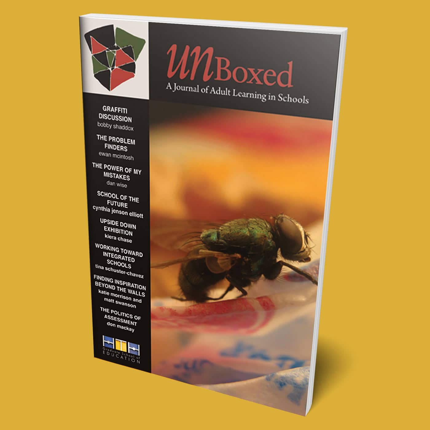 The Fall 2012 issue of UNBoxed: A Journal of Adult Learning in Schools resembles a captivating magazine, with its cover featuring a close-up insect. Issue 9 delves into topics like graffiti discussion, mistakes, and inspiration in education.