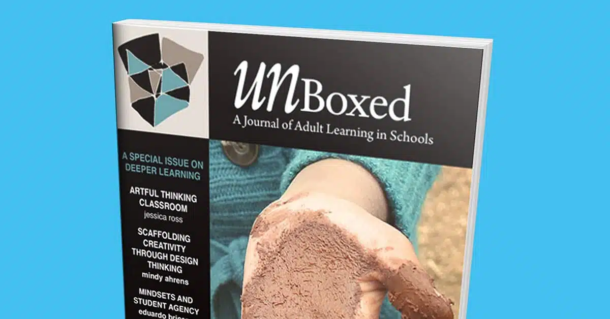 Cover of UNBoxed: A Journal of Adult Learning in Schools Spring 2013 Issue 10 against a blue background, showcasing a person holding a piece of clay. This issue includes articles on artful thinking, creativity through design, and student agency.