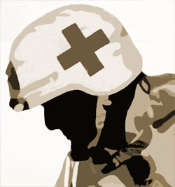 Silhouette of a person wearing a helmet with a red cross emblem, suggesting medical or rescue personnel. The image is in sepia tones, highlighting a serious demeanor and focused posture.