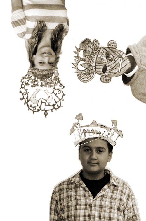 A person with long hair on the left is wearing a drawn ornate crown while upside down. Another person in a plaid shirt at the bottom has a sketch of a crown with angular shapes. A partial figure on the right holds a decorated, intricate mask.