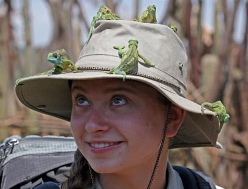 A person wearing a wide-brimmed hat is smiling while multiple small chameleons rest on the hat. The background is blurred, suggesting an outdoor setting.