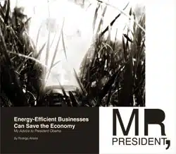 A monochrome image of tall grass surrounds a central bright light. Inset text reads Energy-Efficient Businesses Can Save the Economy: My Advice to President Obama by Rodrigo Arana. Nearby bold text says MR PRESIDENT, partially cropped.
