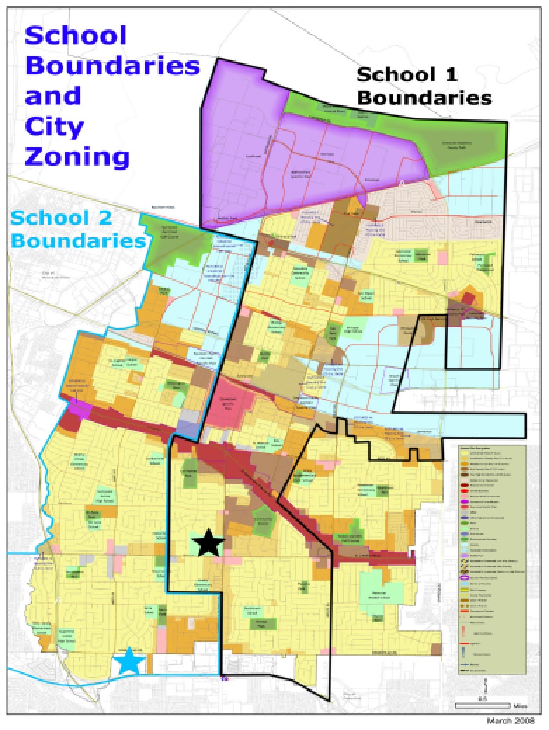 Map showing school boundaries and city zoning. School 1 area is highlighted in purple, and School 2 in blue. Various colored areas indicate different zoning regions. A black star marks a notable location. Legend and scale included. Dated March 2008.