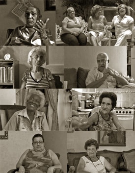 A collage of nine sepia-toned photos featuring elderly individuals in various settings, sitting and looking at the camera. Some are smiling, others are gesturing, creating a warm and candid atmosphere.