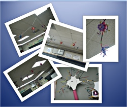Collage of photos showing colorful decorations hanging from a ceiling, including paper lanterns and a star-shaped ornament with streamers in a classroom setting.