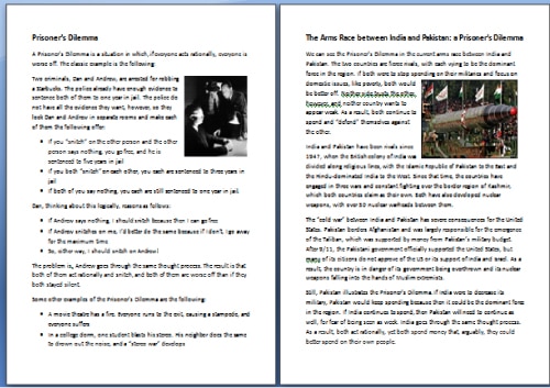 An image showing two pages of a document. The left page discusses the Prisoners Dilemma with text and a black-and-white photo of two people. The right page relates the dilemma to the India-Pakistan arms race, featuring a color photo of missiles.
