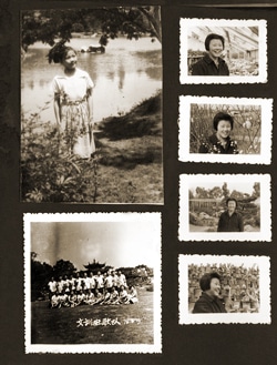 A collage of vintage black-and-white photographs depicting an individual outdoors near a lake, surrounded by flowers, and posing with a group. Other images show the same person in different outdoor settings, smiling and enjoying the scenery.