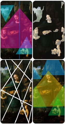 A collage of four abstract interpretations of a classical painting, each with colorful geometric shapes overlayed. The designs incorporate triangles, lines, and varying opacities, creating a modern contrast with the classical art style.