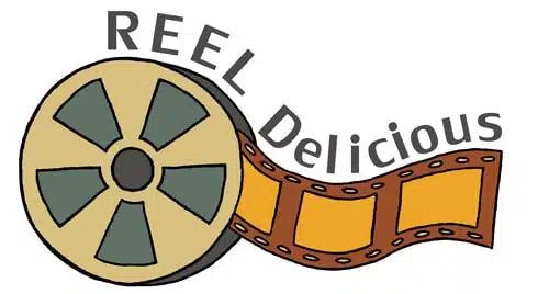 Illustration of a film reel with unwinding filmstrip. The text Reel Delicious is arched above, suggesting a theme that combines movies and food.