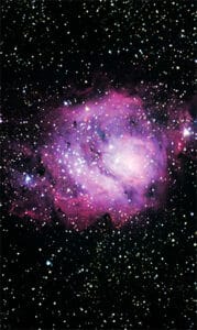 A vibrant nebula with shades of purple, pink, and white is surrounded by numerous twinkling stars against the black backdrop of space.