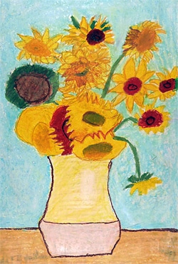 A drawing of a vase filled with sunflowers. The sunflowers have large yellow petals and dark centers, and the vase is placed on a wooden surface. The background is a pale blue, enhancing the vibrant colors of the flowers.