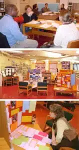 Three photos: Top - a group of people sitting around a table in discussion. Middle - a room with informational displays and chairs. Bottom - a person sitting and reading colorful displays on a table.