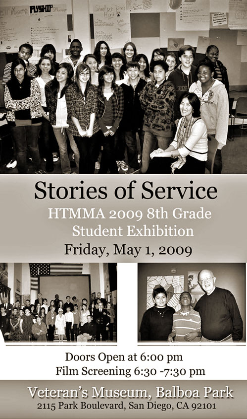 A group of students poses in a classroom for a photo above event details. The event, Stories of Service, is an 8th-grade student exhibition at the Veterans Museum, Balboa Park, on May 1, 2009. Event times and location are listed.
