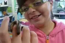 A child wearing glasses and a pink hoodie holds a small millipede on their fingers, smiling as they observe it. The background shows a classroom setting with colorful items.