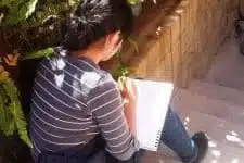 A person with dark hair in a ponytail is sitting on outdoor steps, sketching in a notebook. They are wearing a striped shirt and jeans. Sunlight filters through nearby plants, creating shadows on the scene.