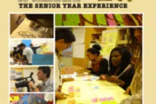 Collage of students engaging in various educational activities: drawing, filming, and working with colorful sticky notes. Title above reads The Senior Year Experience. Bright and collaborative atmosphere.