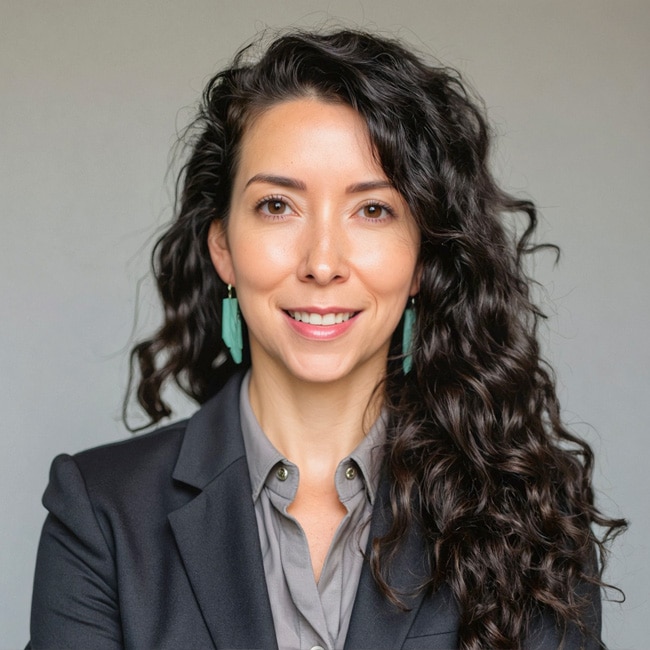 Cereescia Sandoval, a woman with long, curly dark hair, smiles at the camera. She is wearing a gray blouse, a dark blazer, and teal earrings, standing in front of a neutral background.
