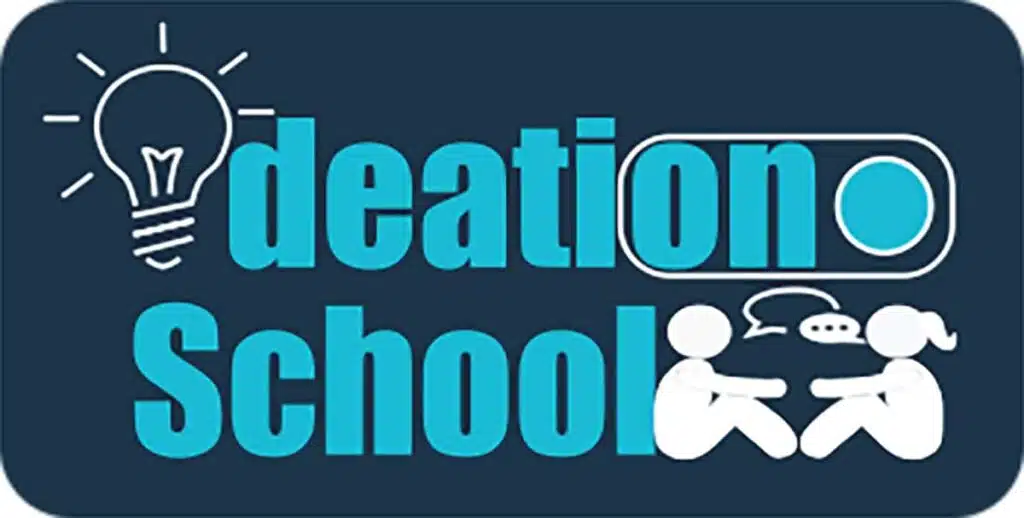 Logo for Ideation School featuring a light bulb graphic on the left and two people sitting and talking on the right, all on a dark background.