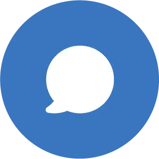 A blue circular icon with a white speech bubble in the center, inviting you to contact us.
