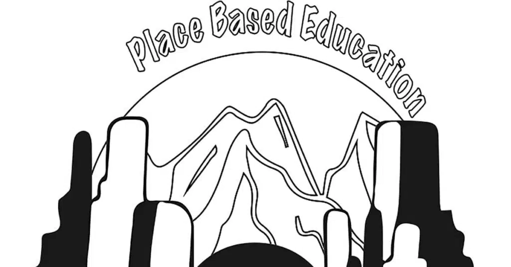 Monochrome illustration with stylized mountains and rock formations. The words Place Based Education arch over the top.