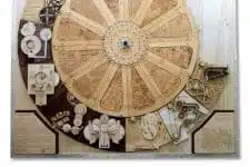 Illustration of a medieval-style map by Alfred Solis, featuring a large circular section with intricate patterns, symbols, and celestial designs. Surrounding this are smaller circular diagrams set against a parchment-like background.
